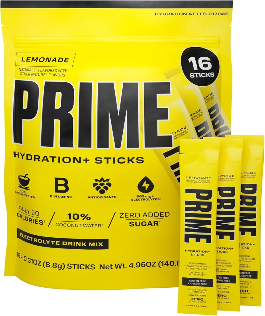 PRIME HYDRATION+ Sticks Lemonade TEN Hydration Powder Single Serve Sticks ← Electrolyte Powder On The Go TEN Low Sugar TEN Caffeine-Free TEN Vegan TEN 16 Sticks