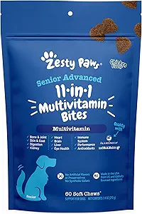 Zesty Paws Senior Dog Multivitamin Treats - Glucosamine for Dogs + Digestive Enzymes &amp; Probiotics - Grain Free Dog Vitamins and Supplements for Skin & Coat + Immune Health Chicken - Advanced - 60ct