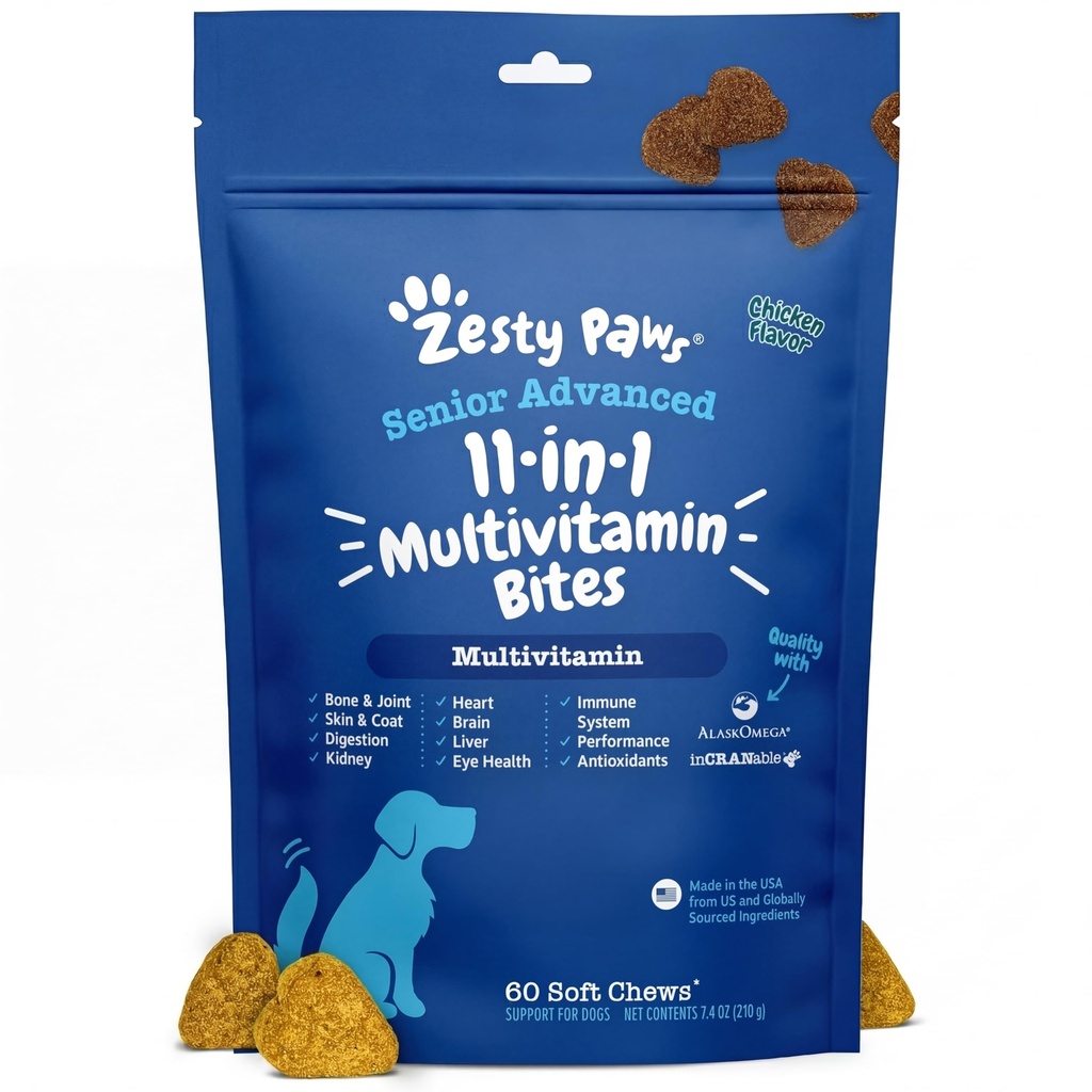 Zesty Paws Senior Dog Multivitamin Treats - Glucosamine for Dogs + Digestive Enzymes &amp; Probiotics - Grain Free Dog Vitamins and Supplements for Skin & Coat + Immune Health Chicken - Advanced - 60ct