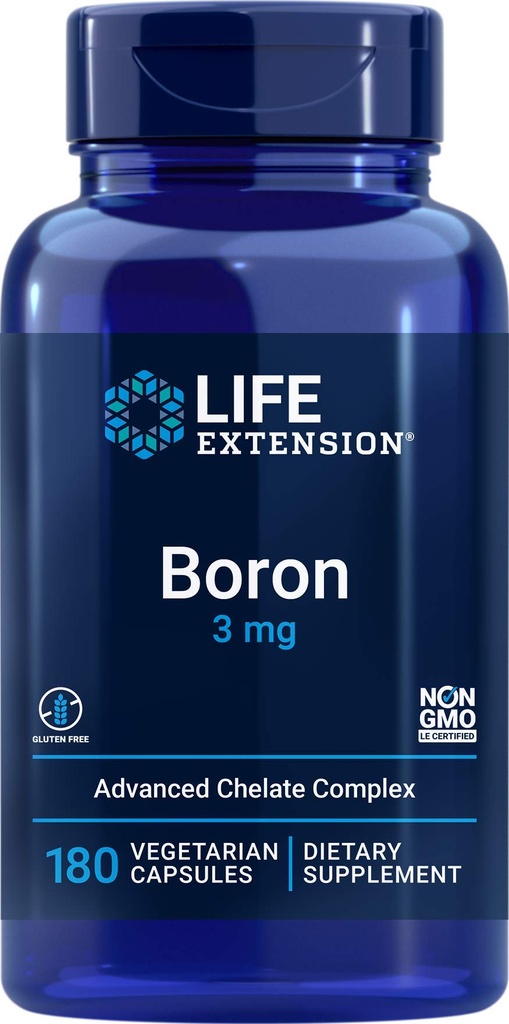 Extensión de la vida Boron 3mg 180 Veg Caps - Complejo de hierro triple con citrato de hierro, glinato, aspartato - 3 mg cápsulas - mejorado con vitamina B2