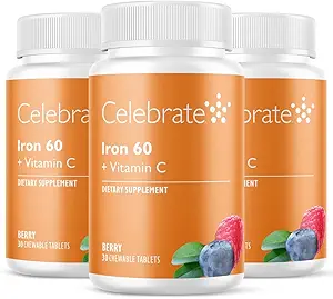 Celebrar Vitaminas Suplemento de Hierro con 60 mg de Iron &amp; Vitamina C – Chewables de Berry para pacientes báricos, Bypass Gástrico &amp; Sleeve Apoyo a la Gastrectomía – 30 Tablas para Mantenimiento de la Salud Post-Surgery