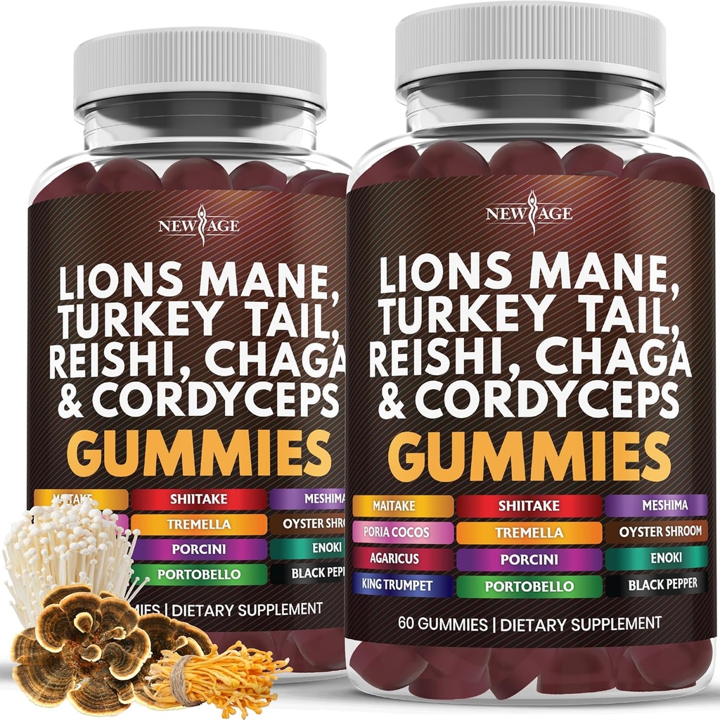 NUEVA AGE Mushroom Lion's Mane Supplement Gummies - Suplemento completo de Mushroom para el apoyo cognitivo e inmunitario, con Reishi, Cordyceps - 120 Conde