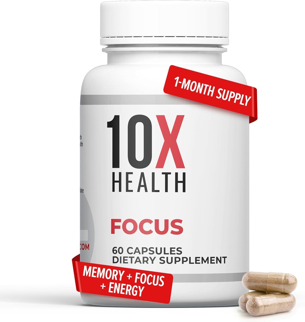 10X Health Focus Rhodiola Rosea - Suplementos cerebrales para la memoria y el foco - 60 cápsulas Focus Suplemento, Memory Supplement for Brain Health con Ginkgo Biloba, Huperzine A - Ginkgo Biloba Capsules