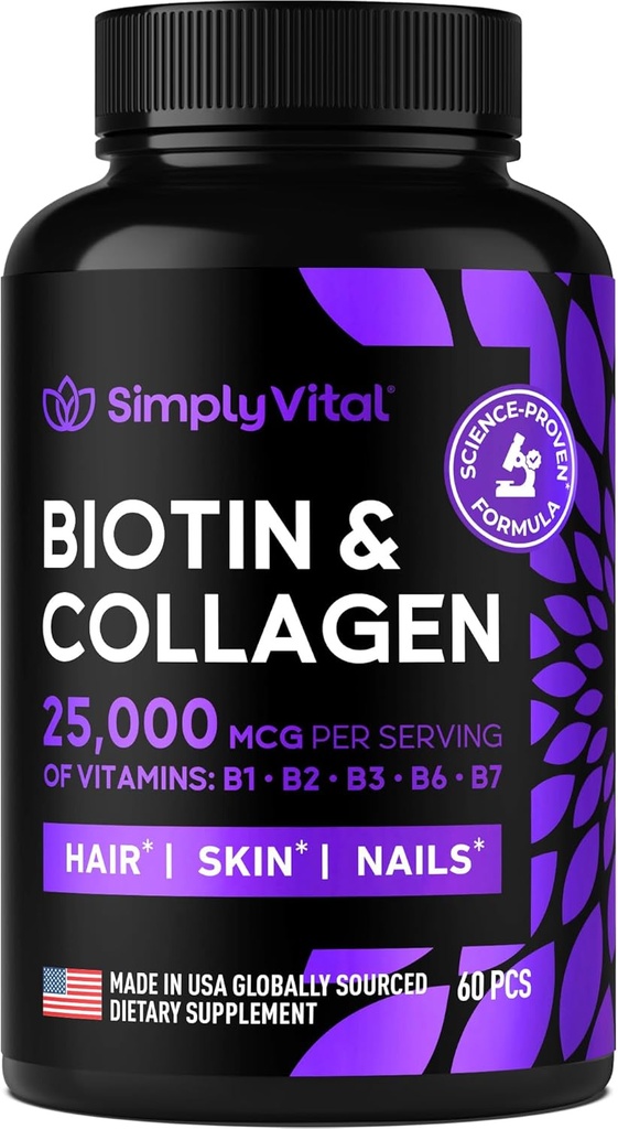 Suplementos de biotina y colágeno con queratina 25000 mcg - Piel de pelo y uñas Vitaminas con Complejo de queratina de colágeno B - Hecho en EE.UU. - Biotina para el crecimiento del cabello Mujeres &amp; Hombres Apoyo Skin & Nails, 60 cápsulas