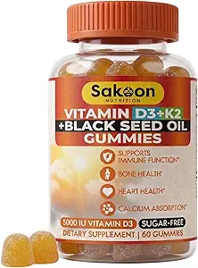 Nutrición de Sakoon 5000 UI Vitamina D3 K2 Suplemento de vitamina con aceite de semilla negra para bonificación, dientes, músculo y apoyo de defensa inmunitaria, no GMO y Gluten Gratis, 60 Chewables de Gummy