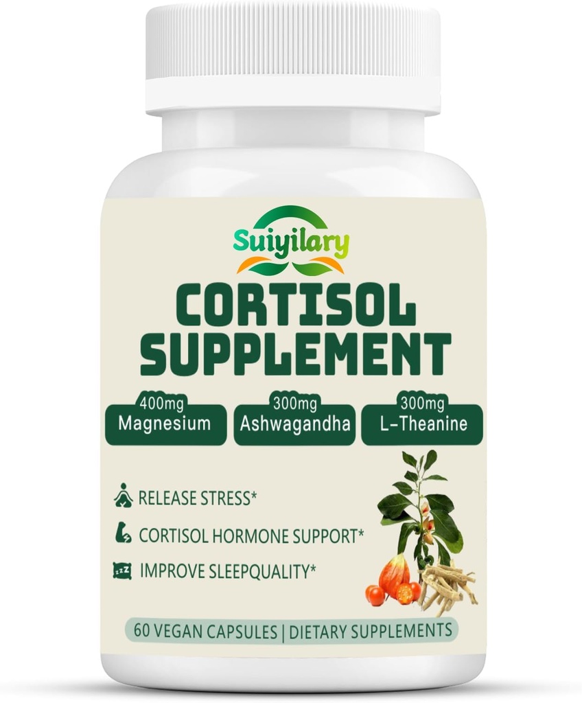 Suplemento de cortisol para hombres, equilibrio hormonal, magnesio, Ashwagandha, Rhodiola, L-Theanine, vitamina B6 &amp; B12, Mood, Focus, Sleep Support, Vegan 60 cápsulas