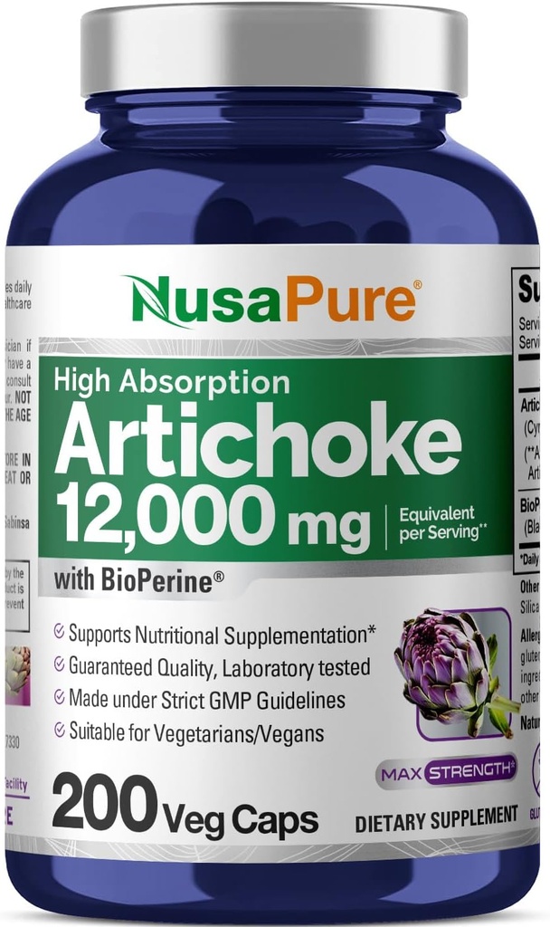 NusaPure Artichoke 20:1 Extracto, 600 mg Equivalente a 12,000 mg 200 gorros Veggie (No-GMO, Gluten Free)