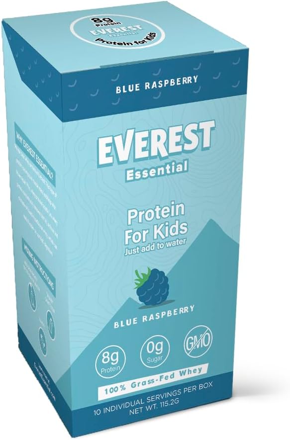 Everest Essential, Kid's Clear Whey Protein Powder (Blue Raspberry, 10 Packets) Protein Drink Mix for Kids, Electrolytes for Kids, 8g Protein Por Serving, Non GMO, Zero Añadido Sugar