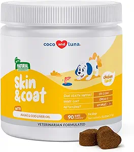 Petróleo de pescado Omega 3 para perros - Suplemento de piel &amp; carne con aceite de hígado de bacalao, algas, EPA &amp; DHA Ácidos grasos para la cama de perros, Itch Relief, Hot Spots, Skin Allergy, Joint &amp; Heart Support - 90 Soft Chews