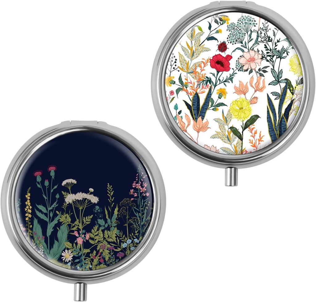 Mini Caja de Pill, Caja de Píldora Pequeña, Caja de Píldora Portátil, Cute Pill Organizer for Vitamins, Medications, Fish Oil and Supplements (White Flowers + Black Flowers)