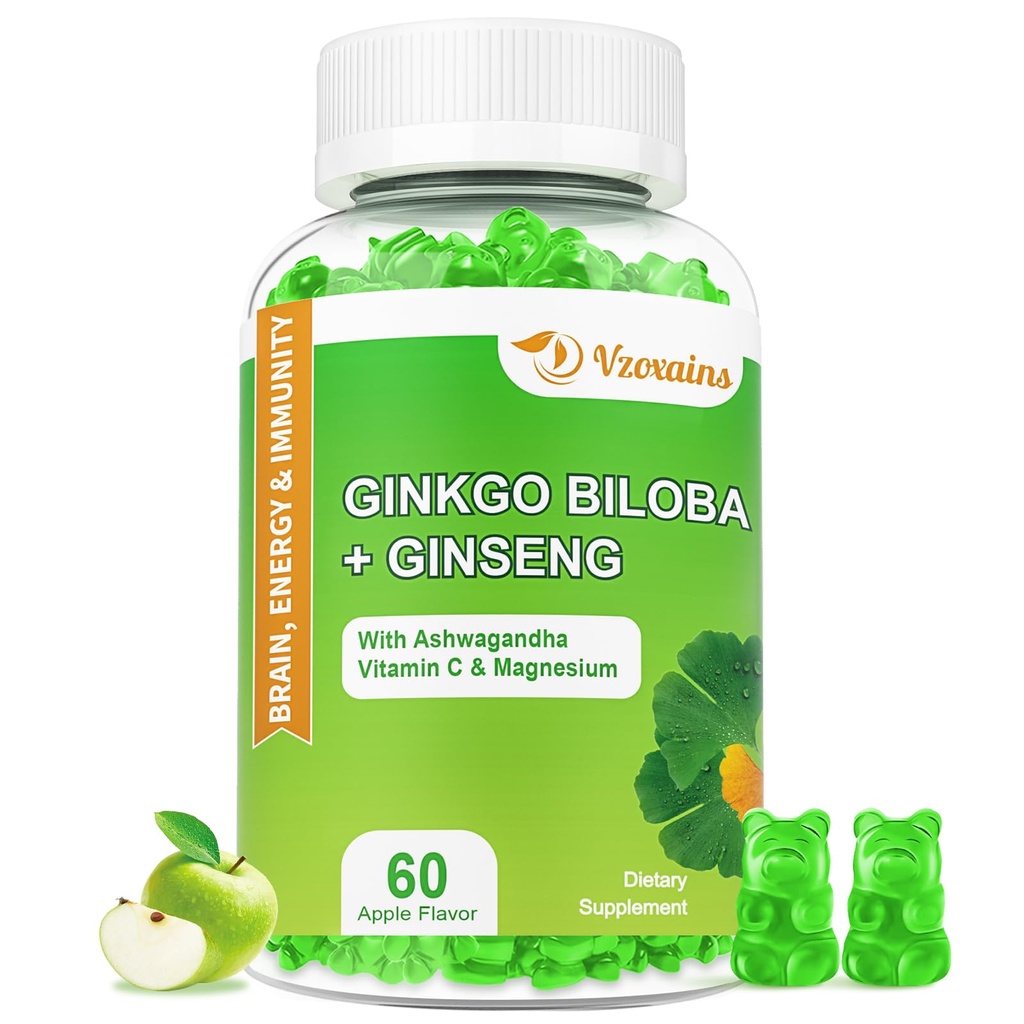 240MG Ginkgo Biloba Gummies with Ginseng and Magnesium, Ginko Biloba Suplementos Gummies for Brain Focus, Mood and Memory for Adults, 60 Cts