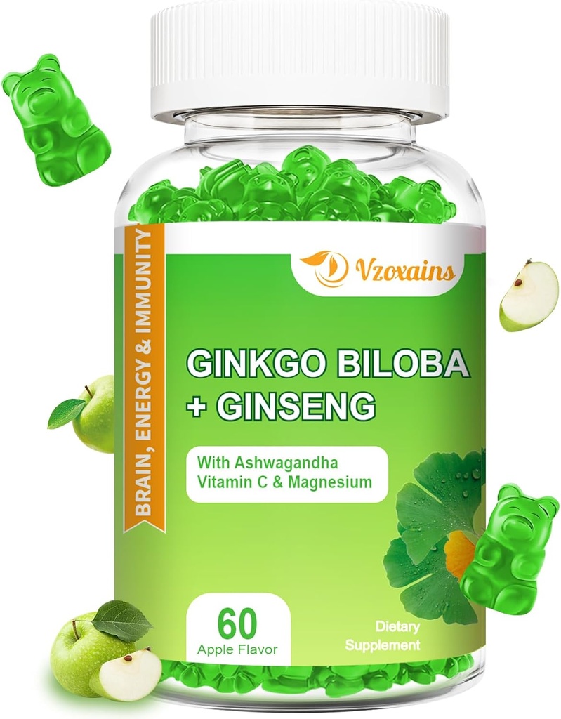240MG Ginkgo Biloba Gummies with Ginseng and Magnesium, Ginko Biloba Suplementos Gummies for Brain Focus, Mood and Memory for Adults, 60 Cts