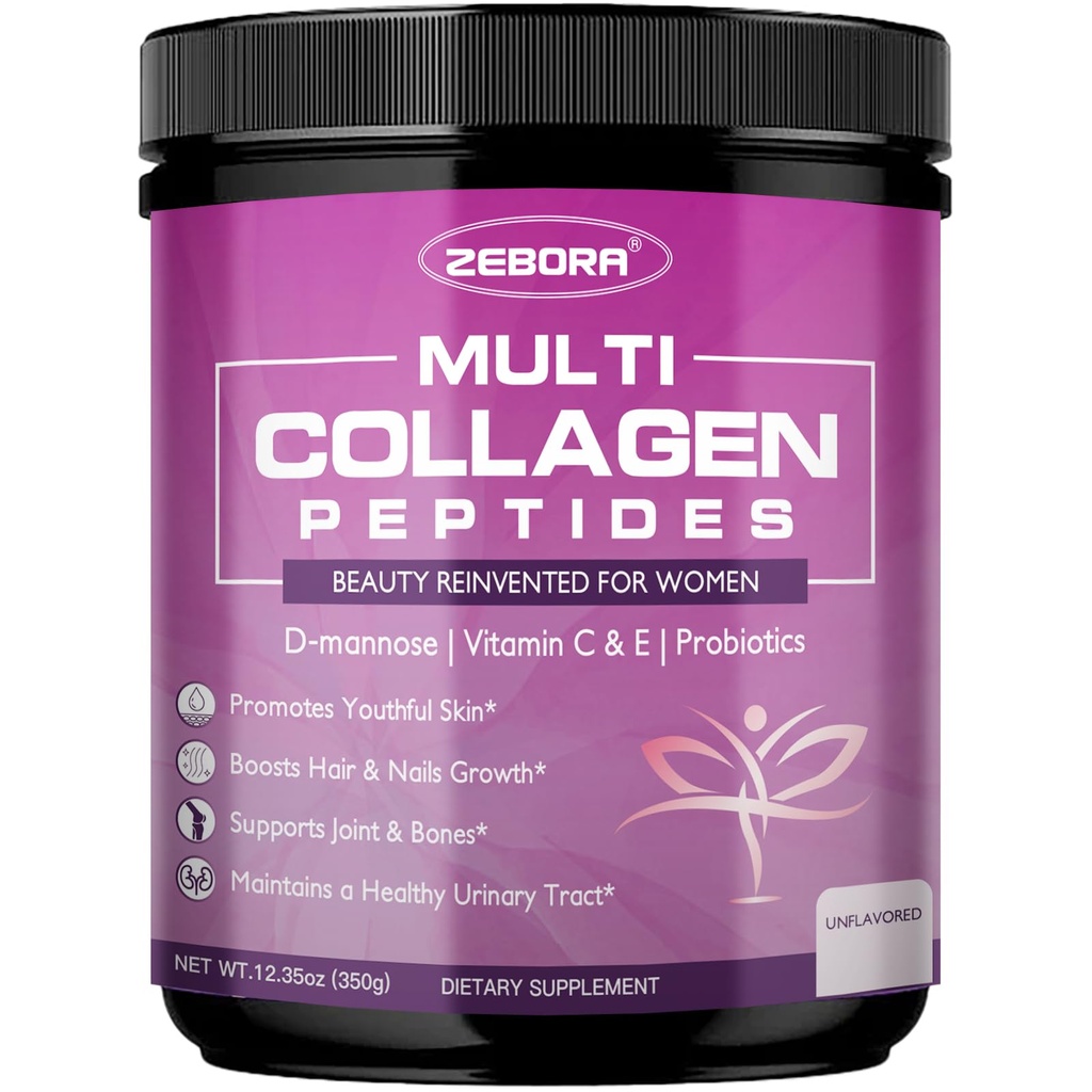 ZEBORA Collagen Peptides Powder for Women – Hydrolyzed Collagen Peptides with Women's Probiotics & D-Mannose – Supports Skin, Hair, Nails, and Urinary Tract Health, Unflavored, 35 Servings