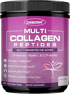Péptidos multi colágeno ZEBORA Pólvora para mujeres – Péptidos de colágeno hidrolizado con D-Mannose " Probióticos para mujeres – apoya la piel, el cabello, las uñas y la salud de la tracción urinaria, desarmado, 35 servicios
