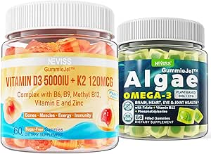 NEVISS Vitamina D3 5000IU + K2 (MK-7) 120mcg Gummies rellenos + Vegan Omega 3 Gummies 1000mg
