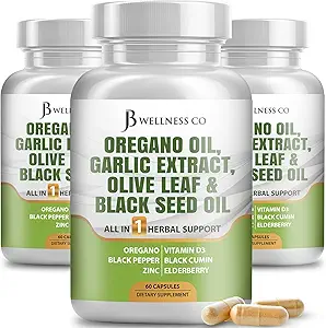 JB Wellness Oregano Oil, Ajo Extract, Hoja de Oliva, con Astragalus - Apoyo Inmunitario &amp; Suplemento de Salud Digestiva para Mujeres y Hombres - 180 Conde