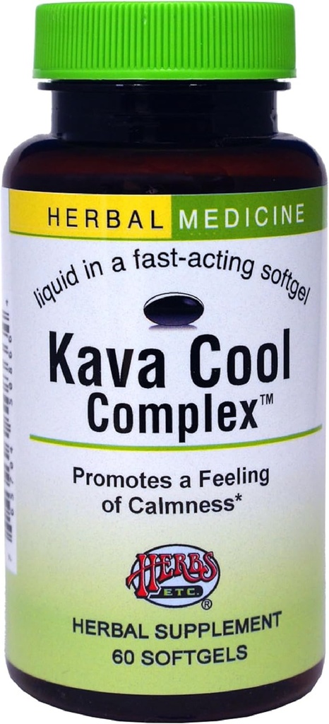 Herbs Etc. Kava Complejo de calma - Suplemento herbario de apoyo Relajación natural - Soporta sueño relajante - Suplemento de calma Nerve - 60 Softgels (60 Servings)