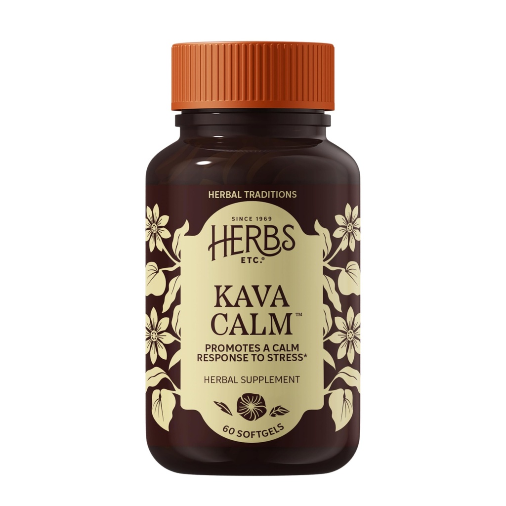 Herbs Etc. Kava Complejo de calma - Suplemento herbario de apoyo Relajación natural - Soporta sueño relajante - Suplemento de calma Nerve - 60 Softgels (60 Servings)