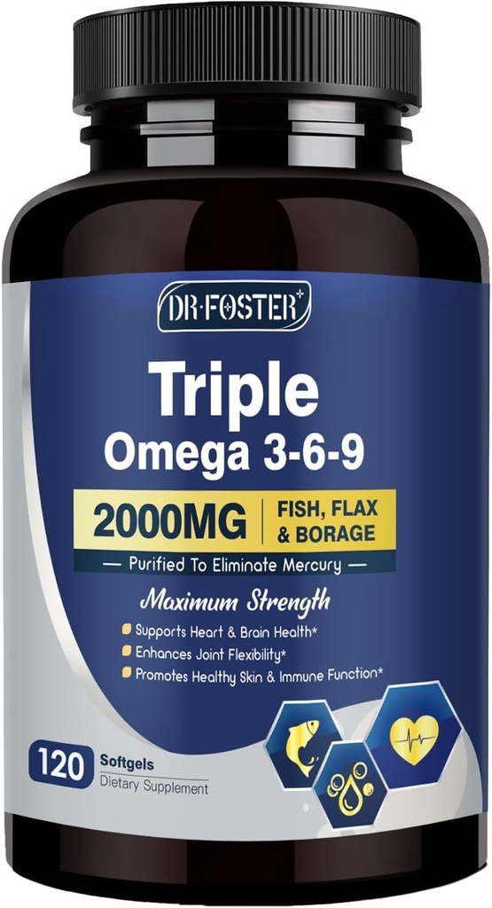 Triple Omega 3-6-9 Fish Oil 2000mg con vitamina E - EPA & DHA Fatty Acids Supplement - Supports Heart, Brain, Eye, Skin & Immune Health - Incluye Flaxseed & Borage, Non-GMO, 120 Softgels
