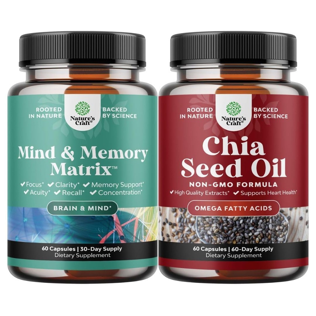 Agrupación de suplemento cerebral avanzado con Nootropics for Memory, Focus, Clarity, Energy and Chia Seed Oil Extract Cápsulas con Omega 3 6 9 basada en plantas y fibra para el corazón, Digestivo &amp; Soporte inmunitario