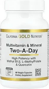 California Gold Nutrition Multivitamin and Mineral with Methyl B12, Vitamin C, L-MethylFolate and Bio-Quercetin, Two-A-Day, 60 Veggie Capsules
