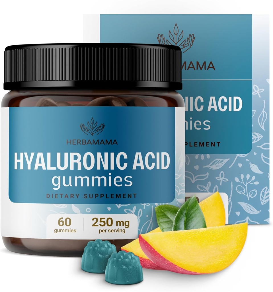 HERBAMAMA Hialurónica Acid Gummies - 250mg Ácido Hialurónico Puro para el cabello, Skin & Nails Support - Vegan, Non-GMO Skin Elasticity Suplemento - 60 Pectin-Based Mango-Flavored Chews