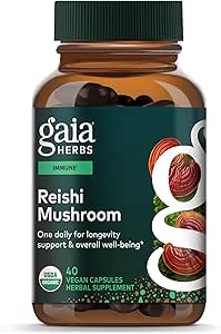 Gaia Herbs Reishi Mushroom - Ayuda a mantener un sistema inmunológico saludable " Apoya la salud del corazón - Suplemento herbario adaptógeno para el apoyo a la longevidad - 40 Vegan Liquid Phyto-Capsules (40-Day Supply)