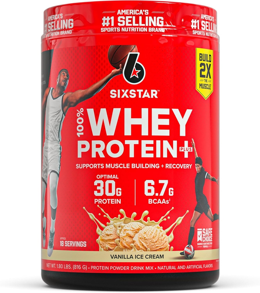 6 estrellas Whey Protein Powder Plus - Muscle Building &amp; Recovery Fórmula con Whey Isolate Powder, BCAAs, 30g Protein, Immune Support - Post-Workout Suplemento - Vanilla Cream, 1.8 lbs