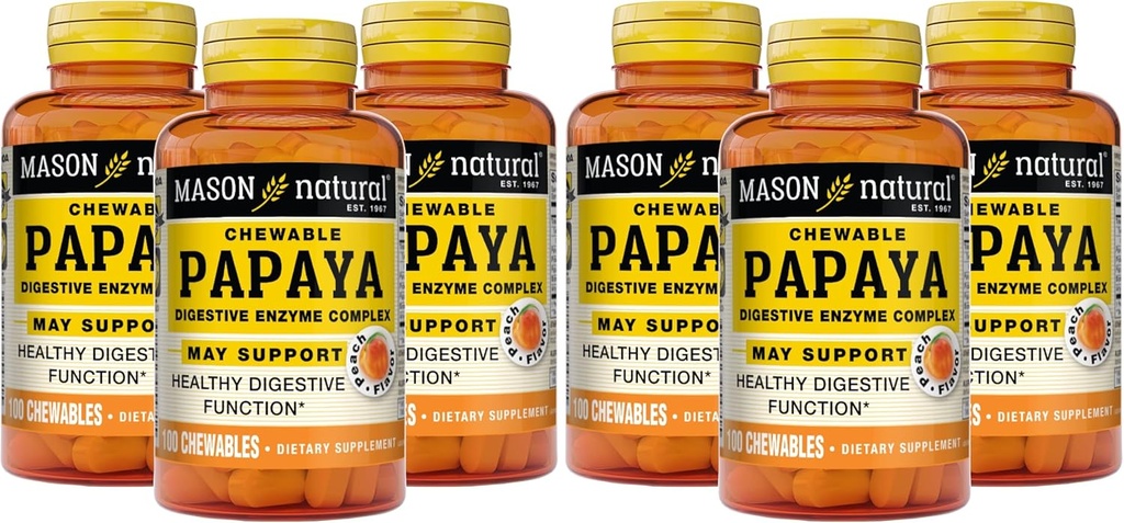MASON NATURAL Papaya Digestive Enzyme Complex - Healthy Digestive Function, Promotes Nutrient Absorption, Peach Flavor, 100 Chewables (Pack of 6)