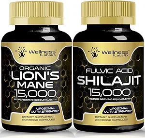 WELLNESS LABSRX Lions Mane Supplement Capsules - 120 Count - Mushroom Supplement, Brain Supplements for Memory and Focus Shilajit Pure Himalayan Organic Capsules with Naturally Occuring Fulvic Acid