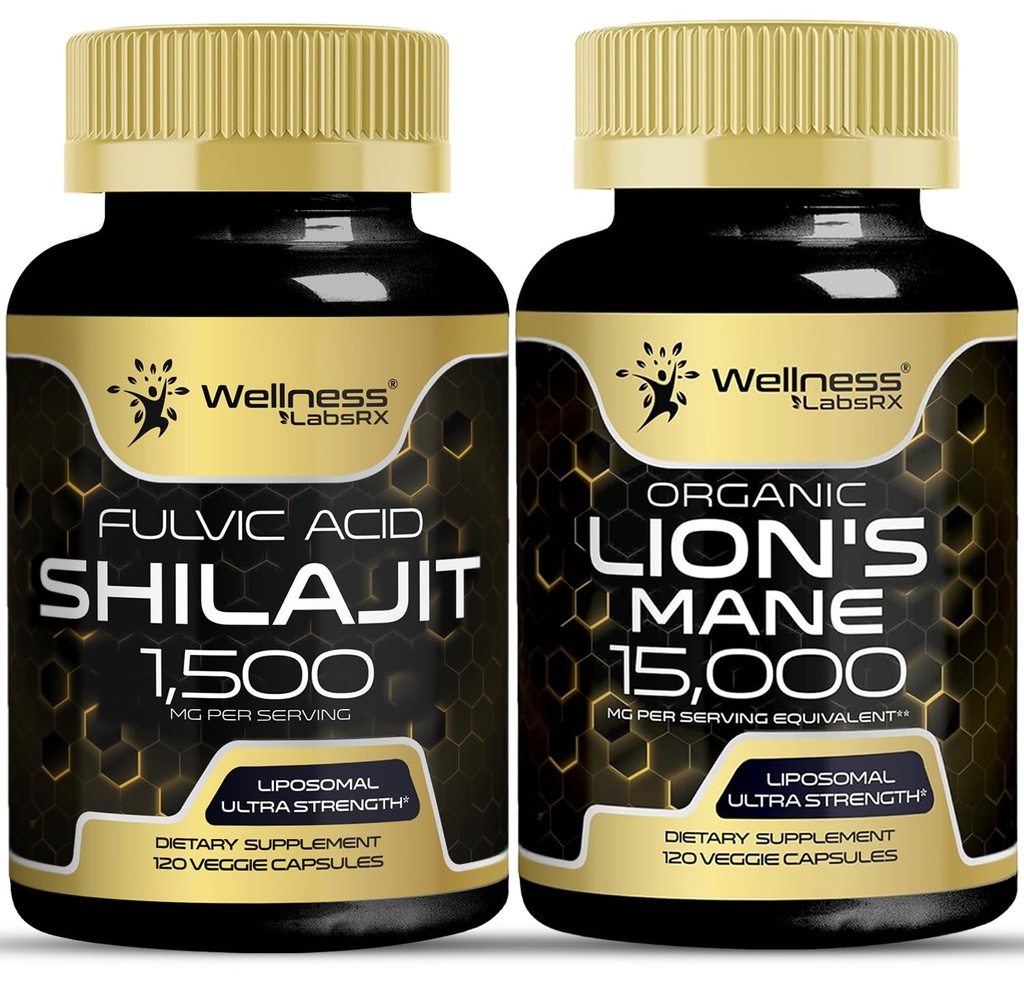 WELLNESS LABSRX Lions Mane Supplement Capsules - 120 Count - Mushroom Supplement, Brain Supplements for Memory and Focus Shilajit Pure Himalayan Organic Capsules with Naturally Occuring Fulvic Acid