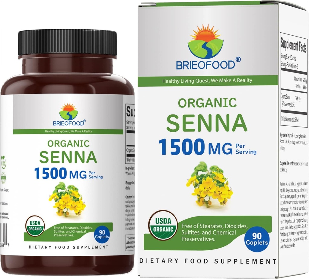 Brieofood Organic Senna 1500mg, 45 Servings, Vegetarian, Gluten Free, 90 Tablets Vegetarianos