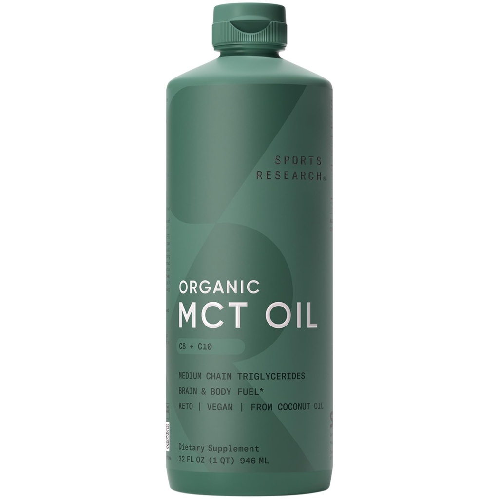 Sports Research Organic MCT Petróleo - Keto &amp; Vegan MCTs C8, C10 de Coconuts - Cerebro de ácidos grasos " Fuel corporal, sin gluten " Gluten libre - Aceite sin sabor, perfecto en café, té " Proteína Shakes - 32 oz