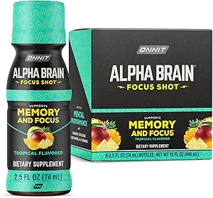 ONNIT Alpha Brain Focus Shot, Tropical Flavor, Nootropic Dietary Supplement Drink That Supports Energy, Focus, and Mood, IGEN™ Non-GMO Tested, 2.5 fl oz, 6 Count