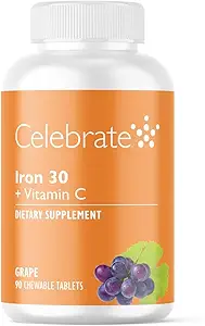 Celebrar vitaminas Suplemento de hierro con vitamina C - 30 mg Hierro, vitamina C de 60 mg, vitaminas barátricas para pacientes de WLS, escledo vertical y cirugía de derivación gástrica - uva, 90 tabletas quijadas