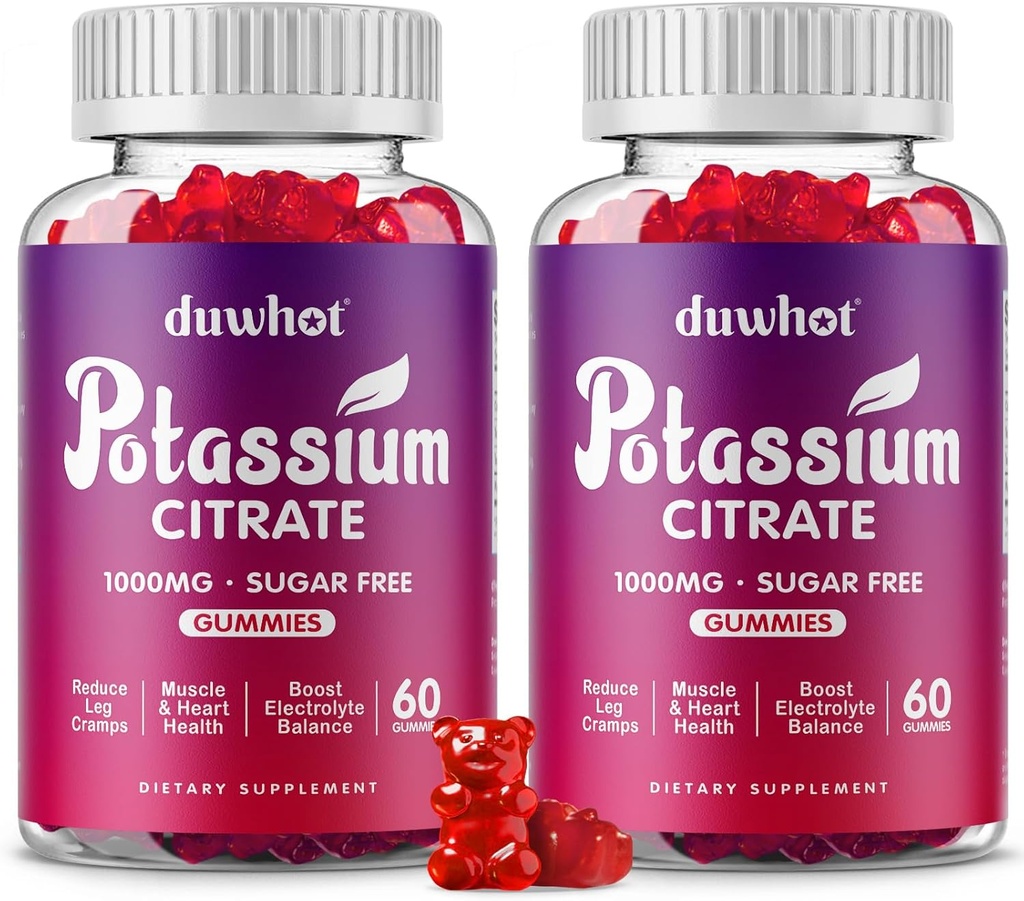 Citrato de potasio 1000mg Gummies, Suplemento de Potasio para Adultos Mujeres &amp; Hombres, Apoyo Leg Cramps &amp; Muscle Health, 120 Chewables