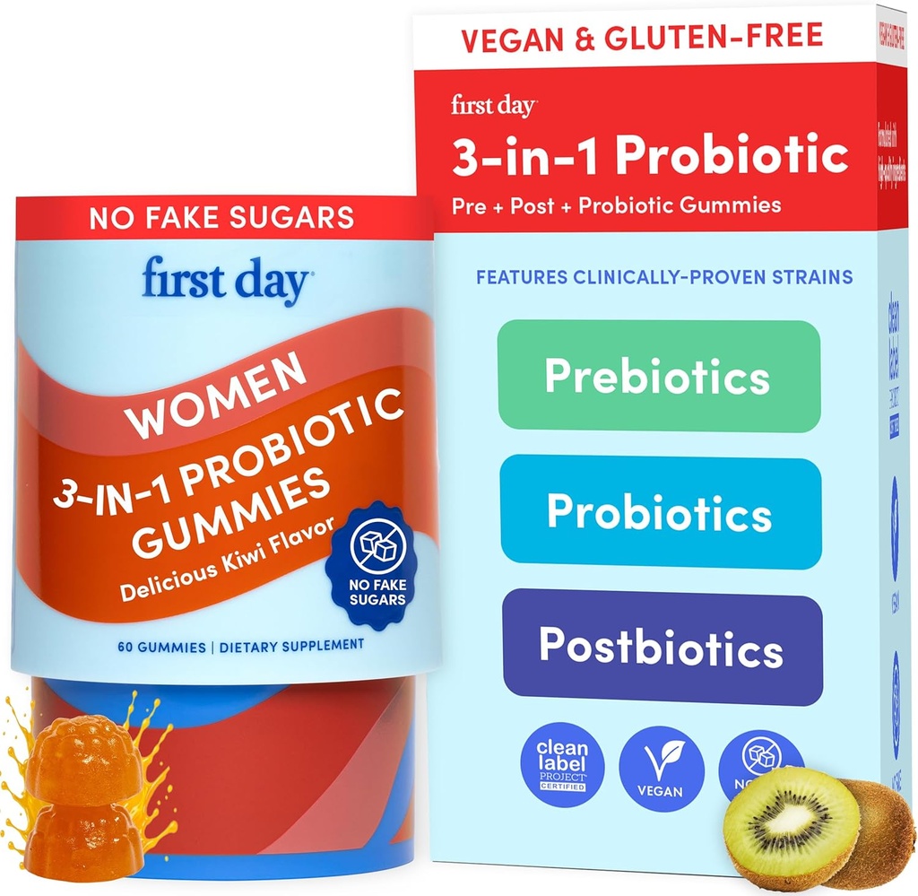 PRIMER DÍA Mujeres 3-en-1 Gummies Probióticas – Prebiótico + Suplemento Postbiótico – Apoyo Digestivo " Salud Oral, Función Inmunitaria " Niveles de Energía – Suministro de 30 días