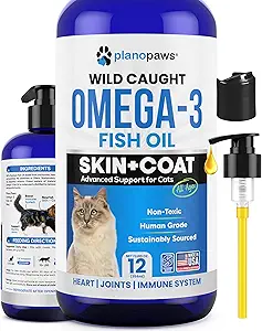 Omega 3 aceite de pescado para gatos - mejor que el aceite de salmón - gatito & gato vitaminas y suplementos - Cat Dandruff Tratamiento - Aceite de pescado líquido para mascotas - Soporte de cama - Cat Health Supplies for All Ages