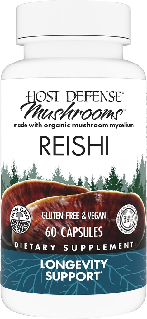 Host Defense Reishi Capsules - Heart &amp; Immune Health Support Supplement - Mushroom Supplement to Support Energy & Vitality - Reishi Supplement to Aid General Well-Being - 60 Capsules (30 Servings)*