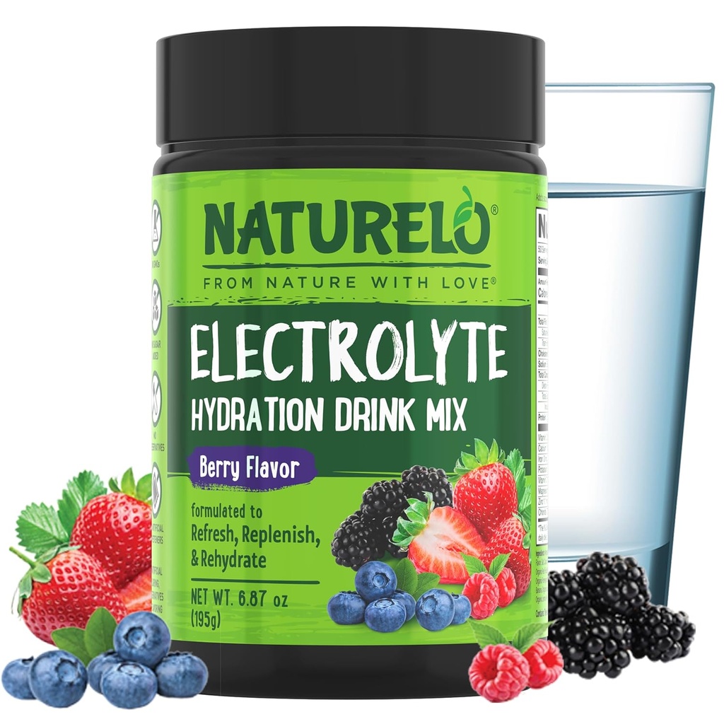 NATURELO Electrolyte Powder, Hydration and Mineral Drink Mix, Sugar Free &amp; Non-GMO Berry Flavor 50 Servings