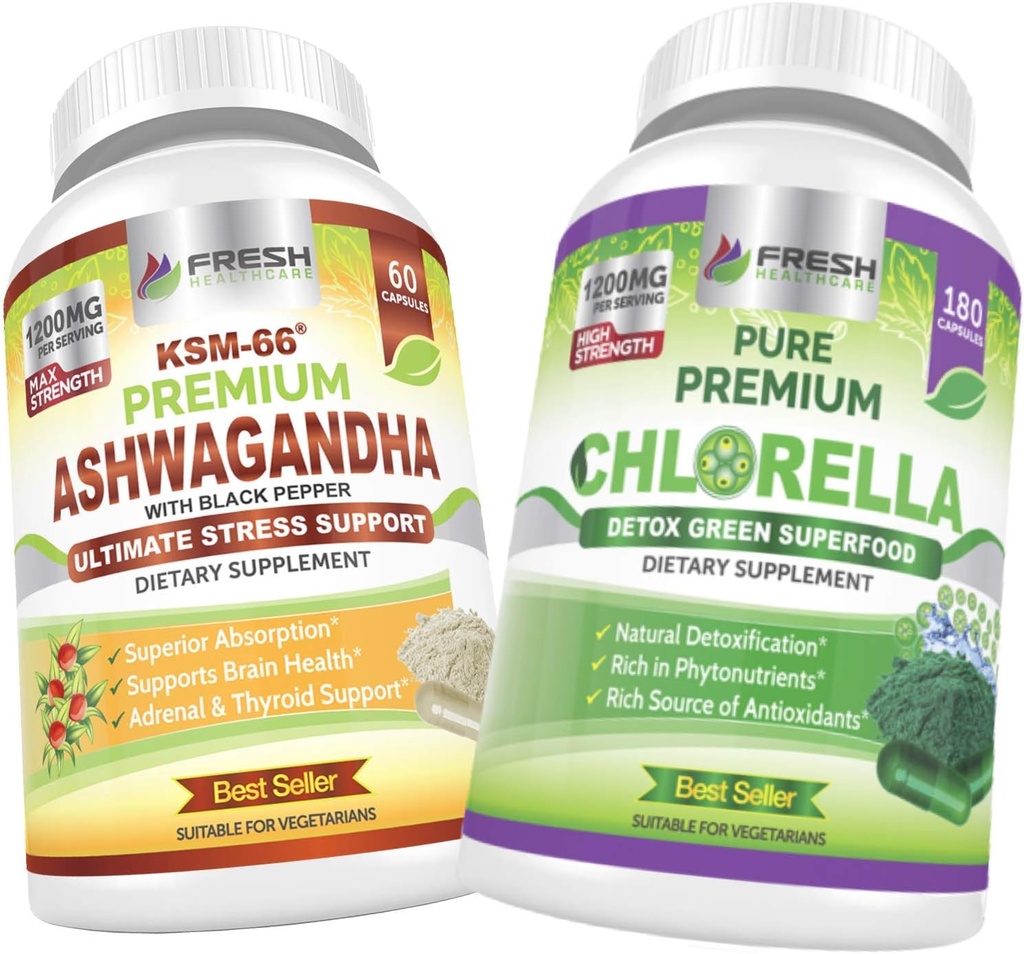 FRESH HEALTHCARE Ashwagandha KSM 66 y Chlorella Detox Superfood - Bundle