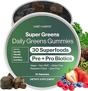 Daily Greens Plus Gummies - Superfood Blend with Chlorella, Spirulina, Beetroot, Lion’s Mane, Ashwagandha & Reishi for Energy, Stress Relief & Wellness - Raspberry Flavored - 60 Conde
