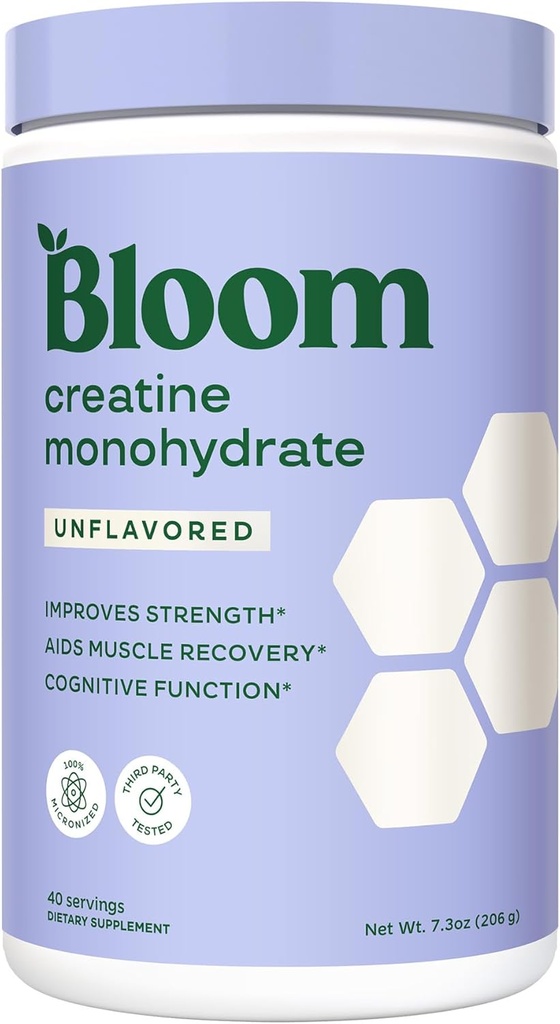 Bloom Nutrition Creatine Monohydrate Powder, 5g Micronized Creatine per Serving, Supports Muscle Recovery, Strength, Endurance, Pre o Post Workout, Gluten Free, Non GMO, Unflavored, 40 SVG, 7.3 oz