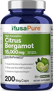 NusaPure Citrus Bergamot Capsules 15,000mg, 200 Capsules - 25:1 Extracto de Bergamot - 200 Serviciones, Bioperina, Vegan, No GMO