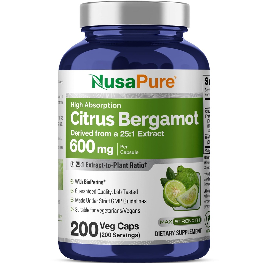 NusaPure Citrus Bergamot Capsules 15,000mg, 200 Capsules - 25:1 Extracto de Bergamot - 200 Serviciones, Bioperina, Vegan, No GMO