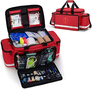 Trunab Emergency Responder Trauma Bag Empty, Professional First Aid Kits Storage Medical Bag with Inner Dividers and No-Scratch Bottom, Ideal para EMT, EMS, Paramedics, Red, BAG ONLY