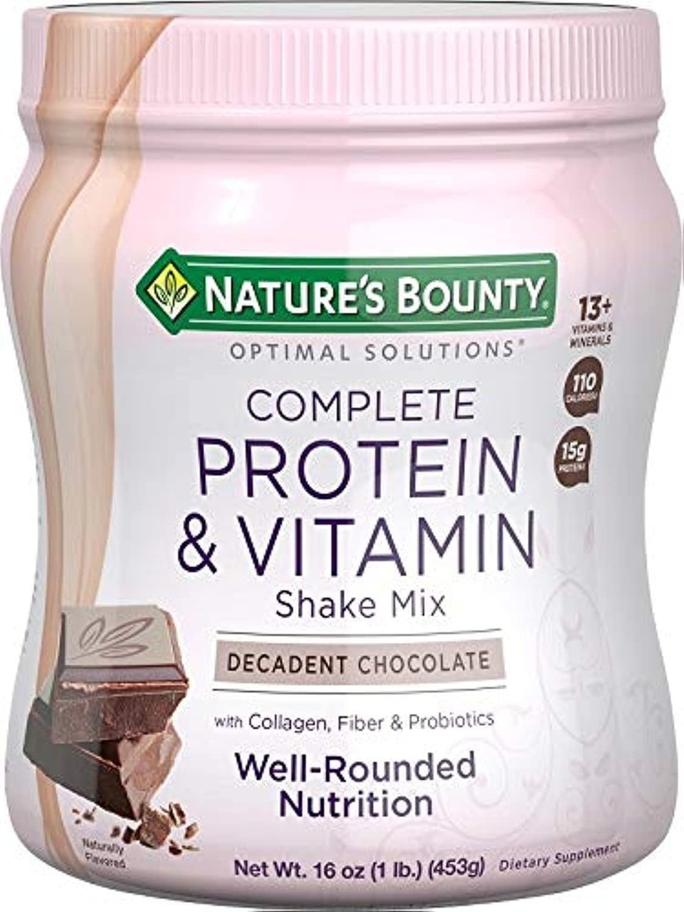 Proteína completa y mezcla de afeitado de vitaminas por soluciones óptimas de la naturaleza, contiene vitamina C para la salud inmune, sabor de chocolate decadente, 1 lb