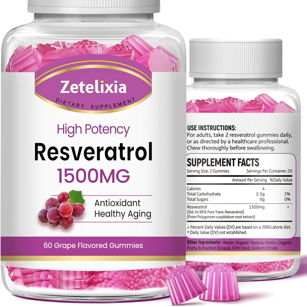 Gummies de Resveratrol Libre de Azúcar - Suplemento de Resveratrol de Alta Pureza para Antioxidante, Envejecimiento Saludable, Esquí, Cerebro, Orgánico - 120 Gummies