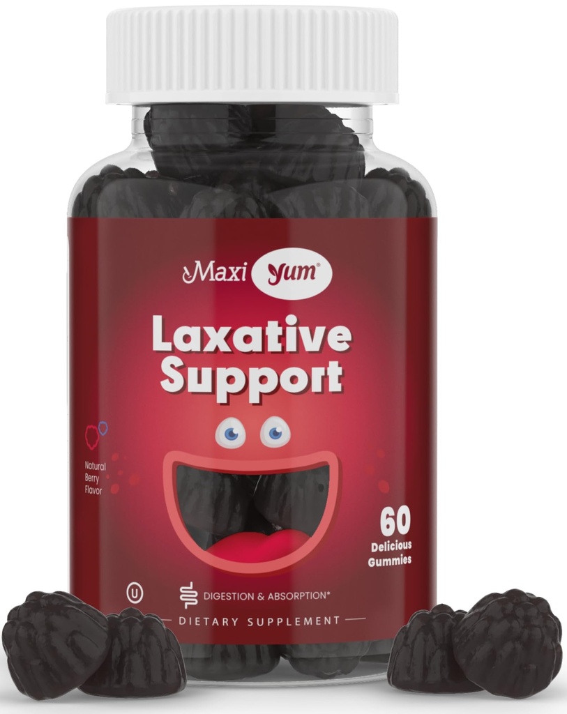 Maxi Health Natural Laxative Gummies for Adults and Kids – Non-GMO and Vegan Senna Stool Softener Gummies – Berry Flavor Chewable Laxatives for Constipation Support (60 Count)