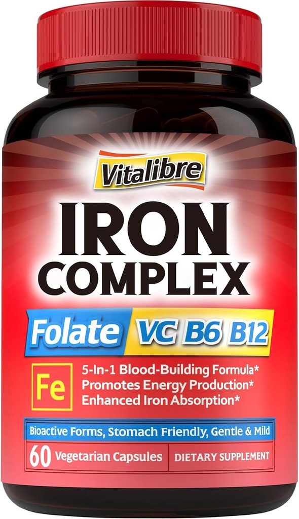 Iron Complex Supplement 60 Capsules & 6 in 1 Magnesium Complex Supplement 120 Capsules, Non-GMO, Gluten Free